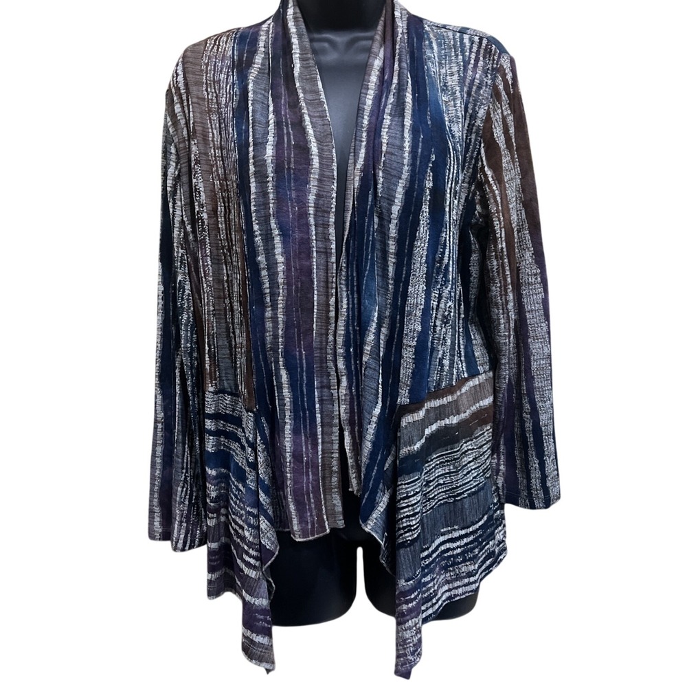 Chico's Cardigan Sz M/ 1 Blue Abstract‎ Stripe Draped Lagenlook Moody Artsy Boho